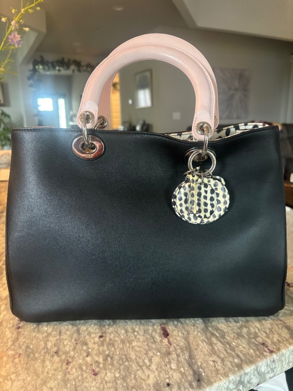 DIOR Black and Pink Calfskin with Spotted Auth Python Medium Diorissimo